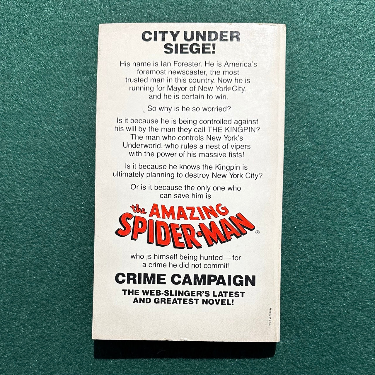 Vintage Marvel Novel Paperback: Stan Lee Presents The Amazing Spider-man: Crime Campaign FIRST PRINTING