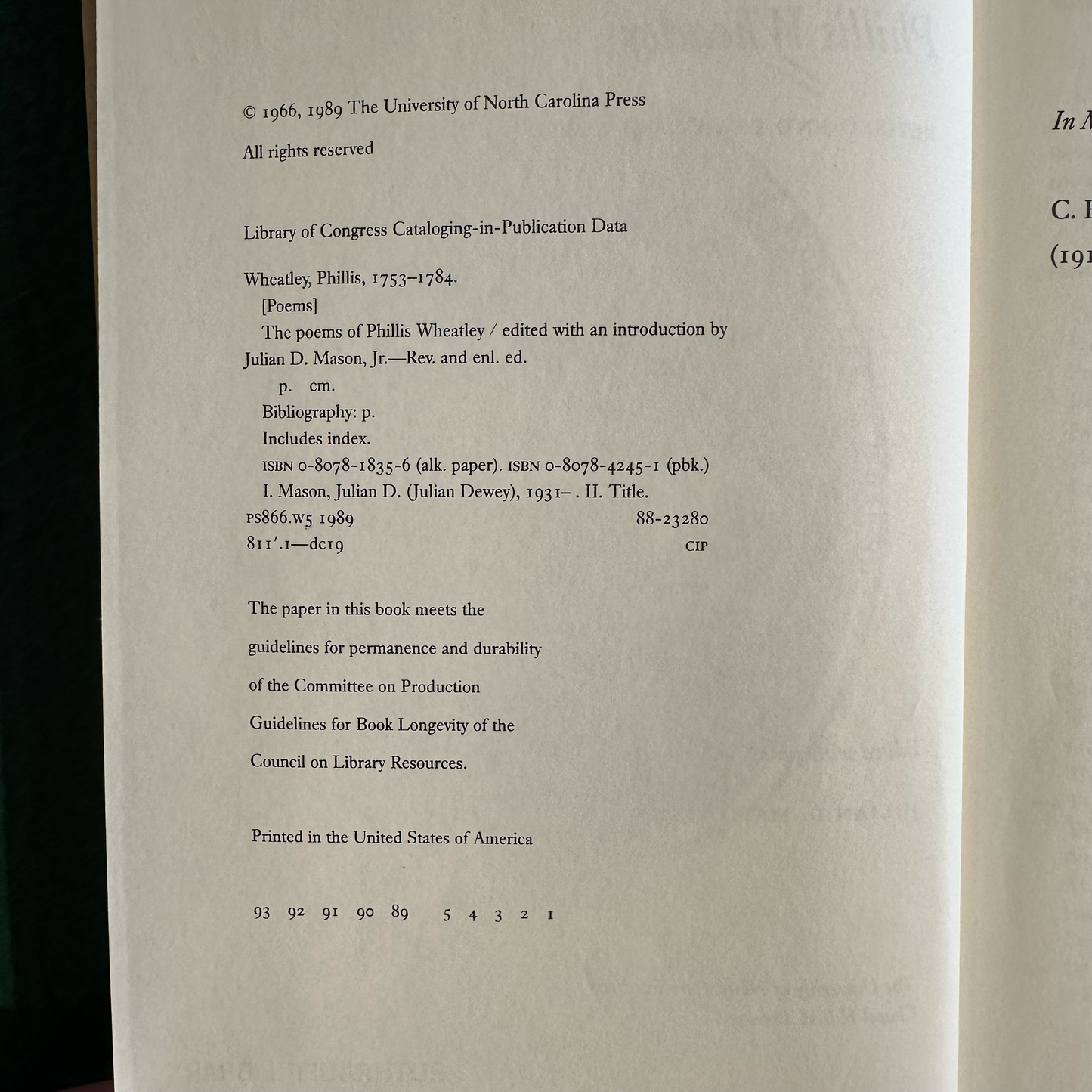 Vintage Poetry Hardback: The Poems of Phillis Wheatley, Edited by Julian D Mason FIRST EDITION