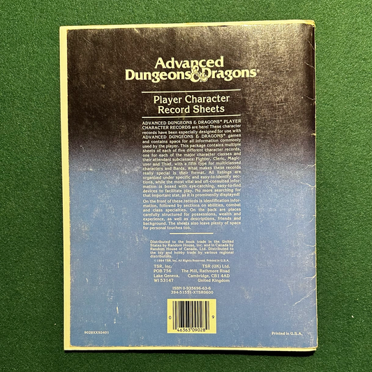Vintage Dungeons & Dragons Accessory: AD&D - Player Character Record Sheets INCOMPLETE