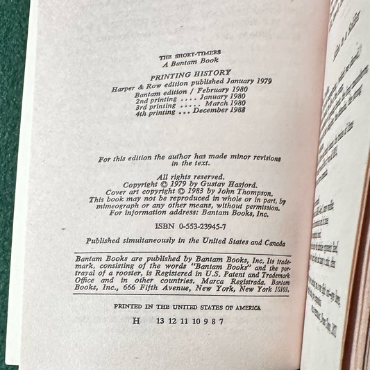 Vintage Fiction Paperback: Gustav Hasford - The Short-timers FOURTH PRINTING