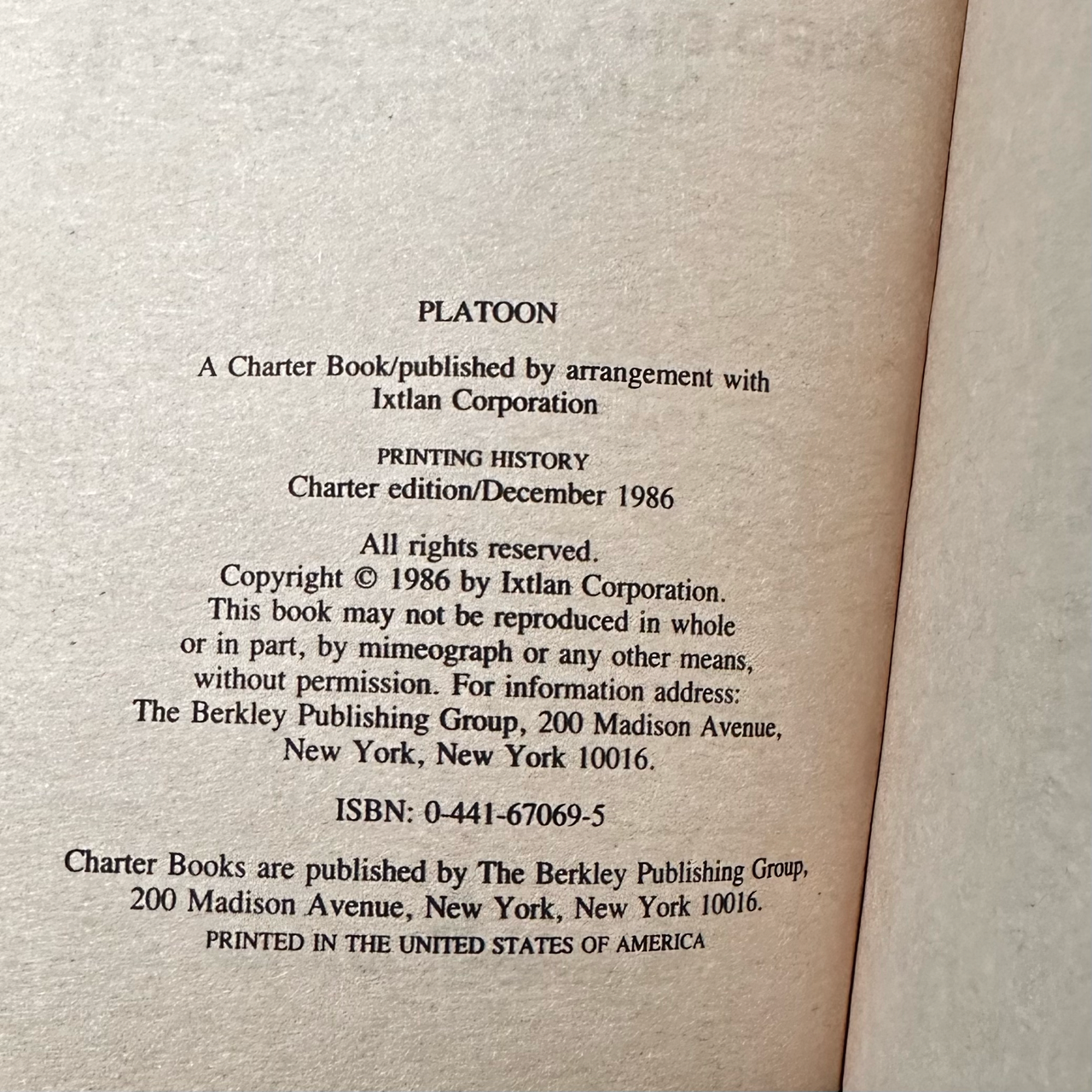 Vintage Fiction Paperback: Dale A Dye - Platoon FIRST PRINTING