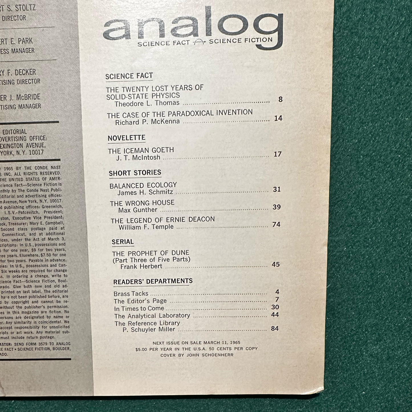 Vintage Sci-fi Magazine: Analog: Science Fact - Science Fiction - March 1965 Prophet of Dune, Part 3. FRANK HERBERT