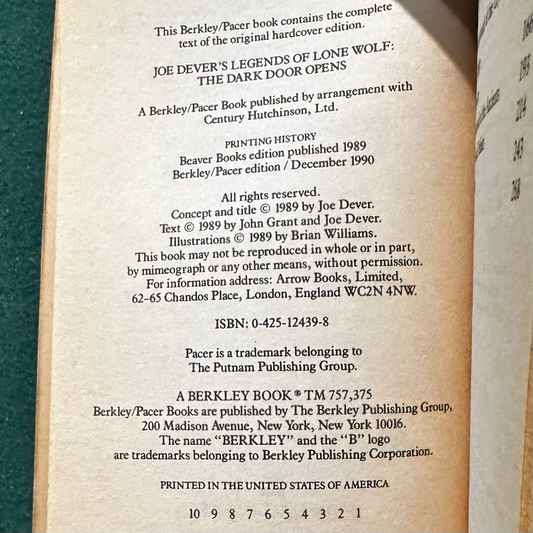 Vintage Fantasy Paperback: Joe Dever and John Grant - Legends of Lone Wolf: The Dark Door Opens FIRST PRINT