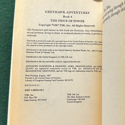 Vintage Fantasy Paperback: Rose Estes - Greyhawk Adventures: The Price of Power FIRST PRINT