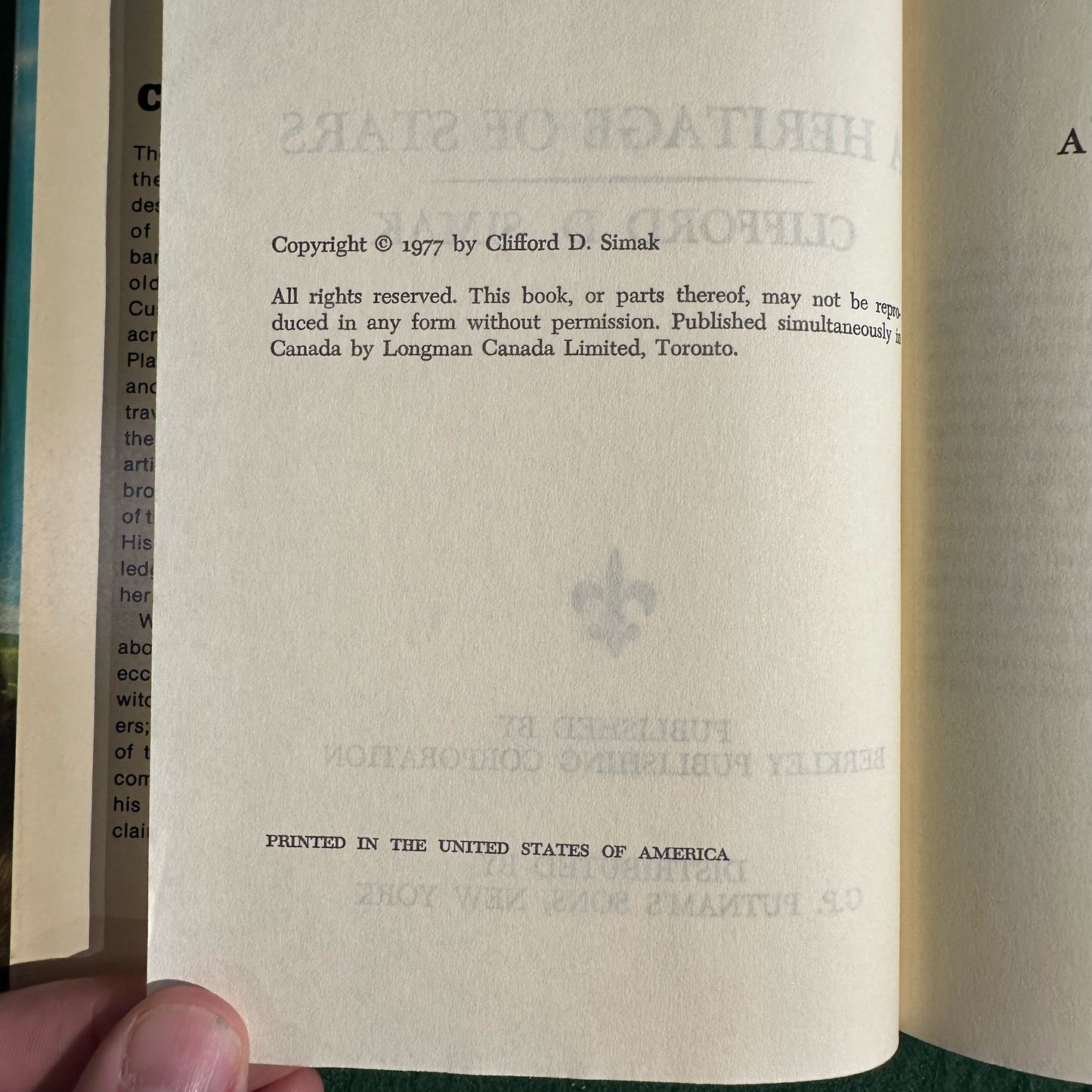 Vintage Sci-Fi Hardback: Clifford D Simak - A Heritage of Stars Earth BCE