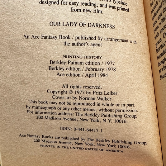 Vintage Horror Paperback: Fritz Leiber - Our Lady of Darkness FIRST PRINTING