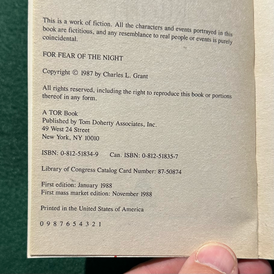 Vintage Horror Paperback: Charles L Grant - For Fear of the Night FIRST PRINTING