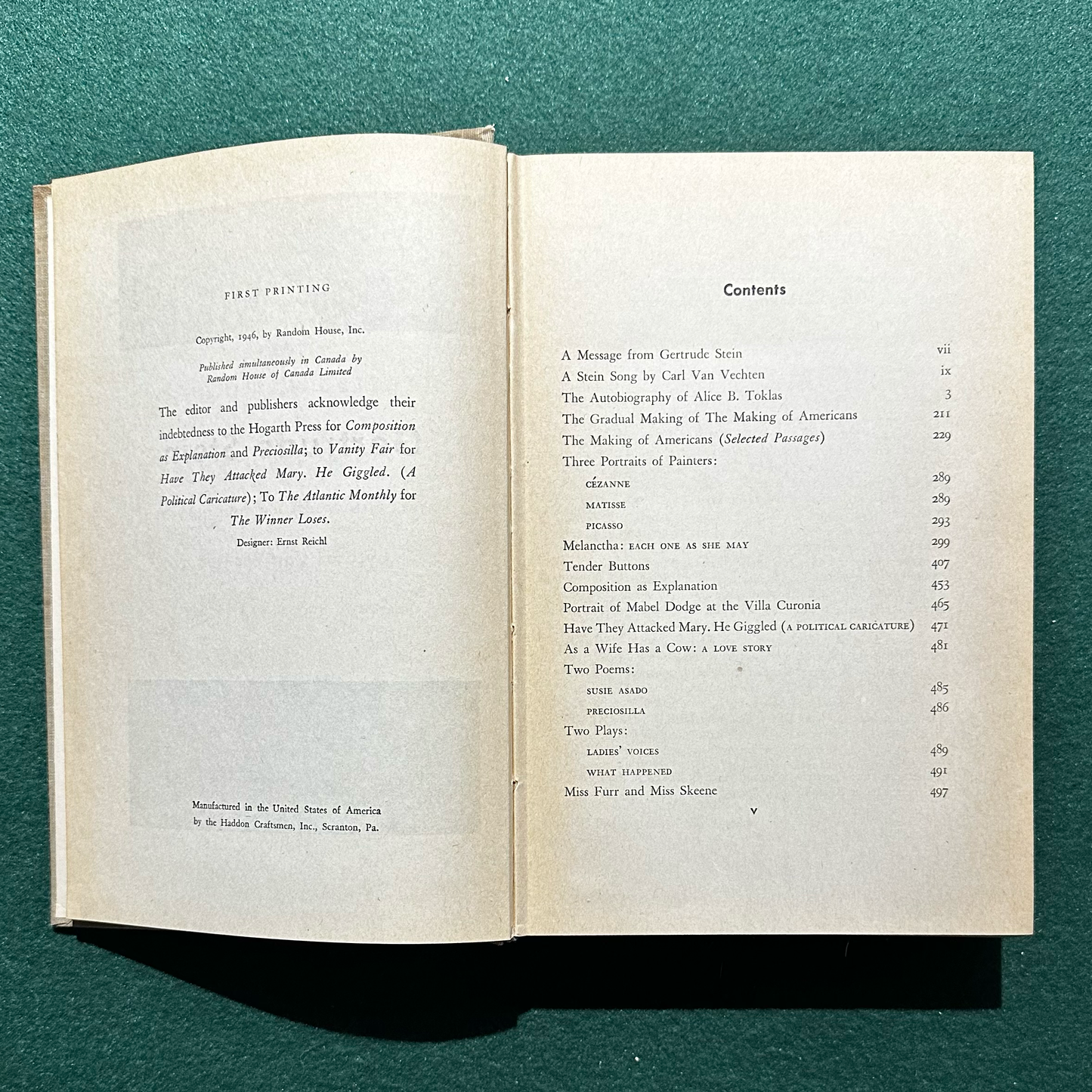 Vintage Fiction Hardback: Selected Writings of Gertrude Stein - Edited by Carl van Vechten FIRST EDITION