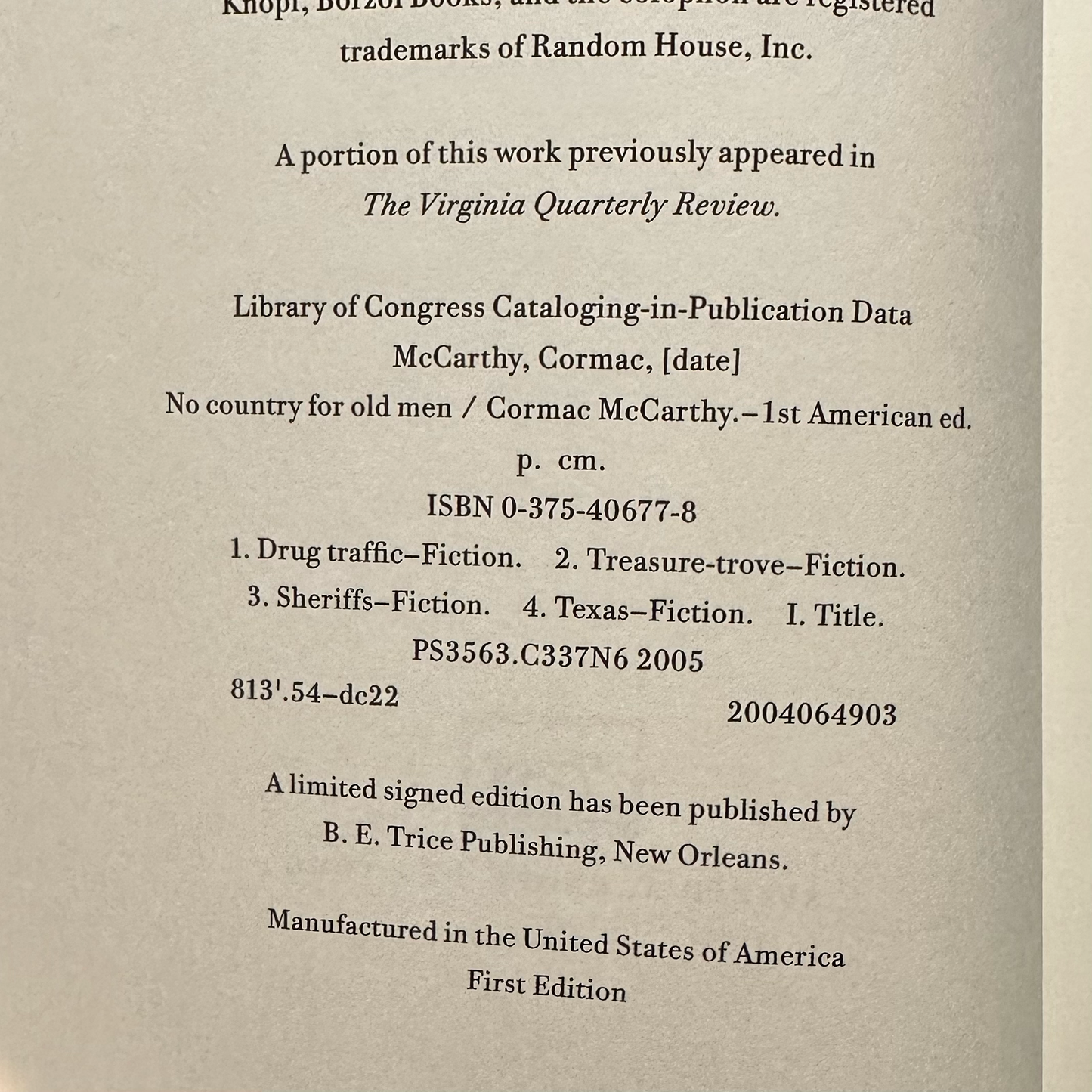 Fiction Hardback: Cormac McCarthy - No Country for Old Men FIRST EDITION