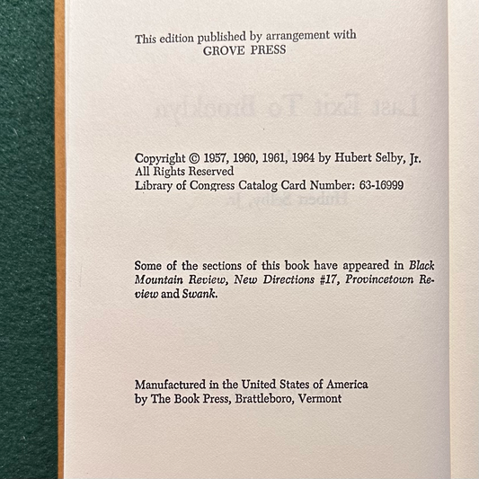 Vintage Fiction Hardback: Hubert Selby Jr. - Last Exit to Brooklyn FIRST EDITION