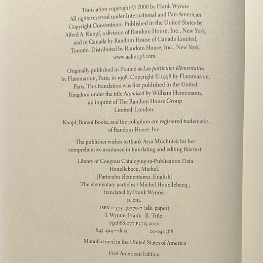 Vintage Fiction Hardback: Michel Houellebecq - The Elementary Particles FIRST EDITION