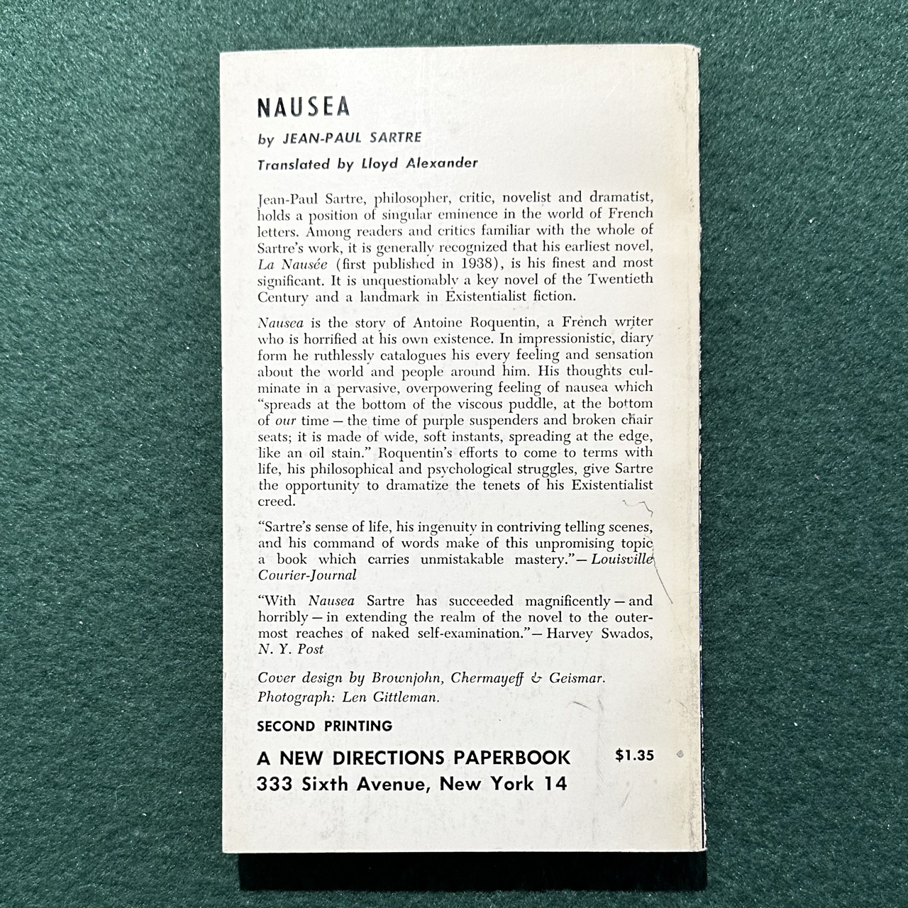 Vintage Fiction Paperback: Jean-Paul Sartre - Nausea SECOND PRINTING