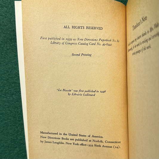 Vintage Fiction Paperback: Jean-Paul Sartre - Nausea SECOND PRINTING