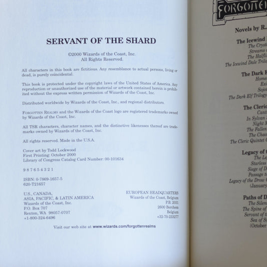 Dungeons and Dragons Hardback: R A Salvatore - Servant of the Shard FIRST PRINTING