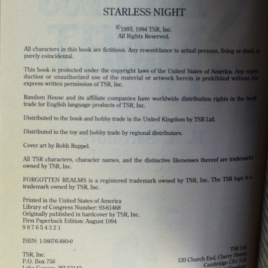 Vintage Dungeons and Dragons Paperback: R A Salvatore - Starless Night FIRST PRINTING