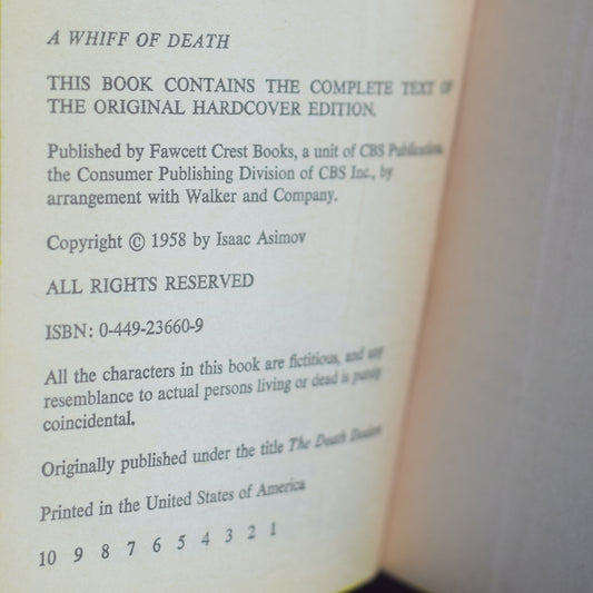 Vintage Sci-fi Paperback: Isaac Asimov - A Whiff of Death FIRST PRINTING