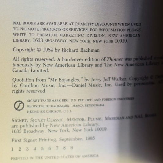 Vintage Horror Paperback: Stephen King - Thinner FIRST PRINTING