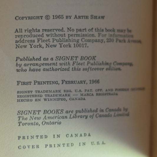 Vintage Fiction Paperback: Artie Shaw - I Love You, I Hate You, Drop Dead! FIRST PRINTING
