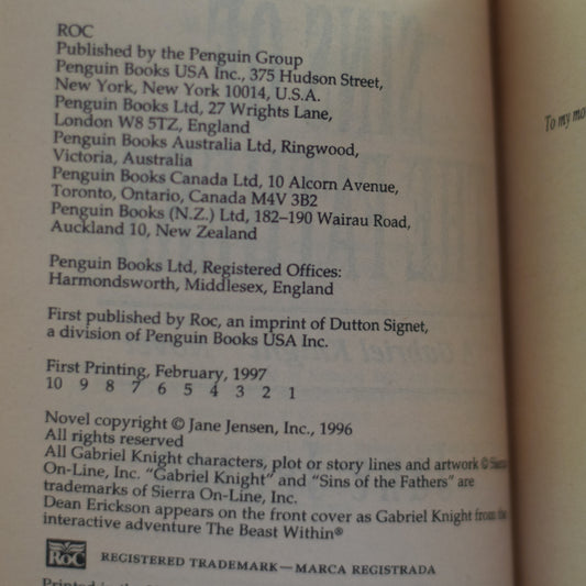 Vintage Horror Paperback: Jane Jensen - Gabriel Knight, Sins of the Father FIRST EDITION/PRINTING