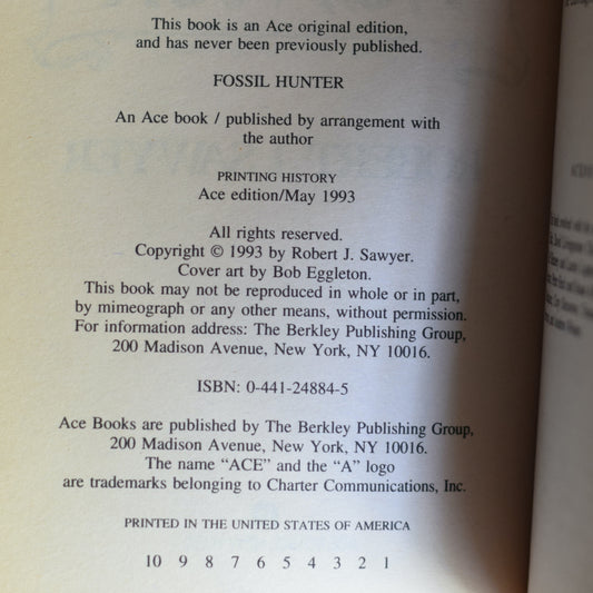 Vintage Fantasy Paperback: Robert J Sawyer - Fossil Hunter FIRST PRINTING