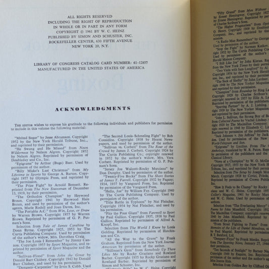 Vintage Fiction Hardback: The Fireside Book of Boxing, Edited by W C Heinz BCE