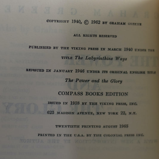Vintage Fiction Paperback: Graham Greene - The Power and the Glory