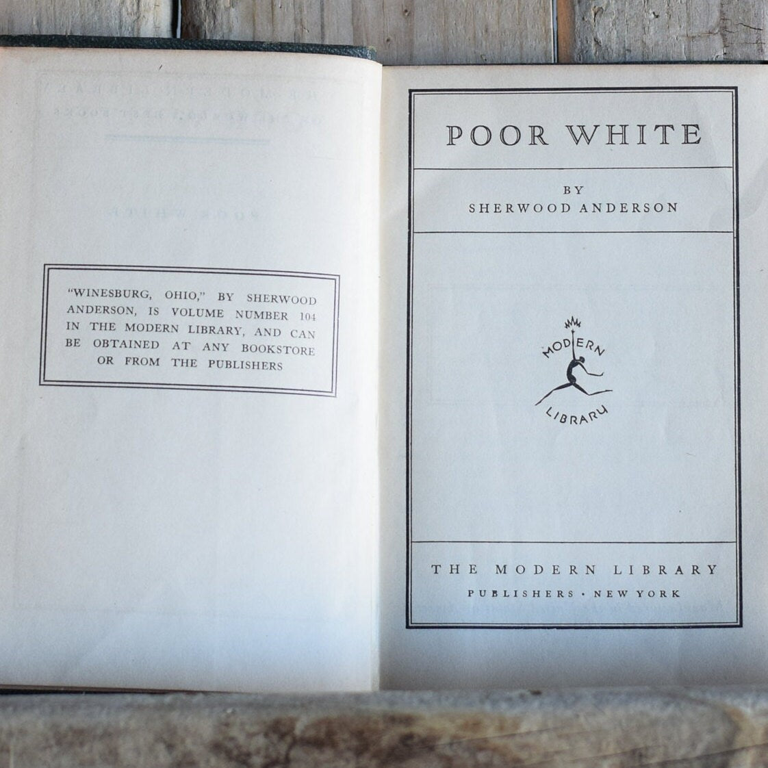 Vintage Fiction Softback Novel: Sherwood Anderson - Poor White - Modern Early Library Edition