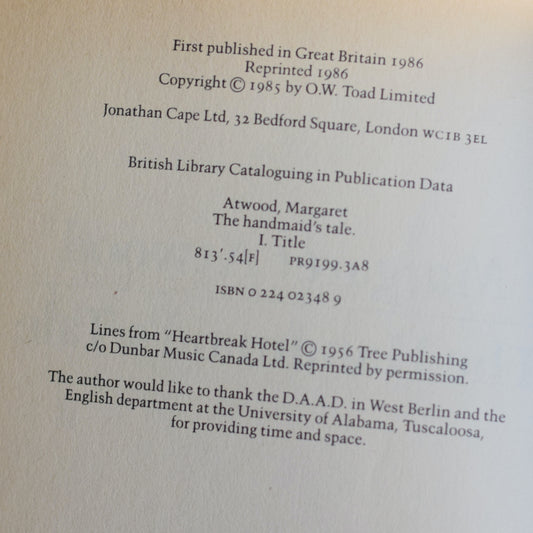 Vintage Fiction Hardback: Margaret Atwood - The Handmaid's Tale UK FIRST EDITION SECOND PRINTING