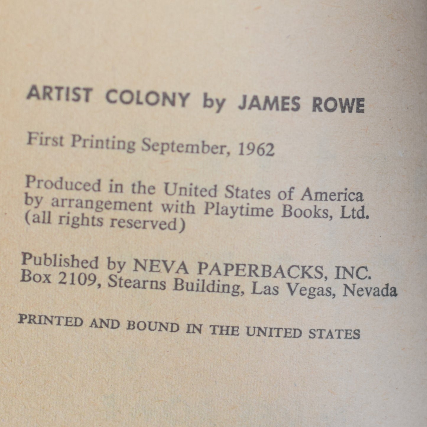 Vintage Adult Fiction Paperback: James Rowe - Artist Colony FIRST PRINTING