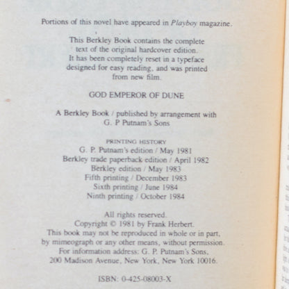 Vintage Sci-fi Paperback: Frank Herbert -God Emperor of Dune NINTH PRINTING