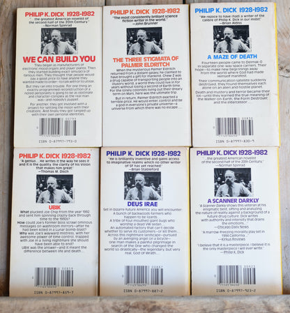 Vintage Sci-Fi Paperbacks: Philip K Dick - DAW Bob Pepper Covers Set: A Scanner Darkly, Deus Irae, Ubik, A Maze of Death, The three Stigmata of Palmer Eldrich and We Can Build You