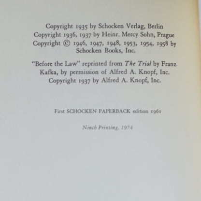 Vintage Fiction Paperback: Franz Kafka - Parables and Paradoxes