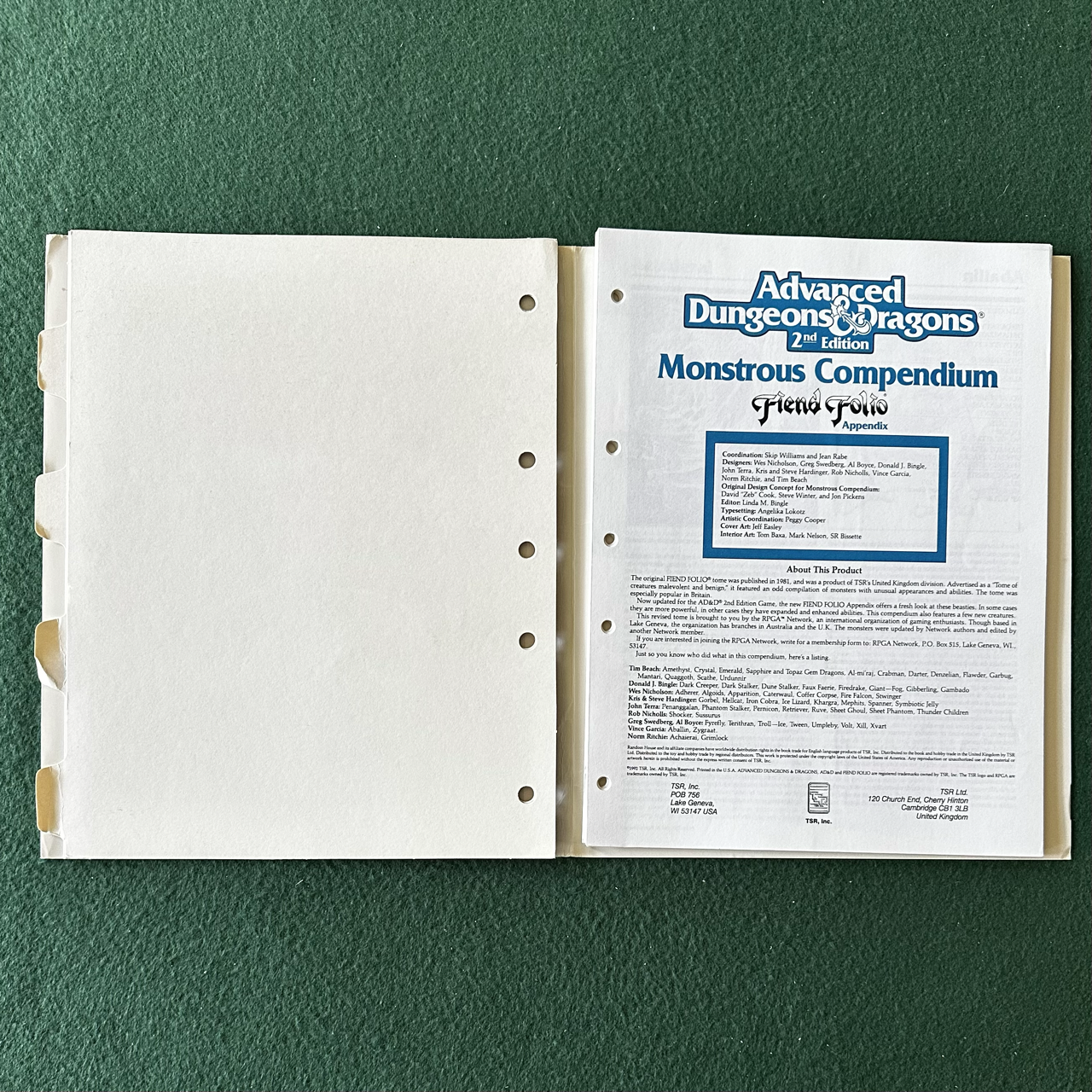 Vintage Advanced Dungeons & Dragons 2e Accessory: Monstrous Compendium: Fiend Folio Appendix