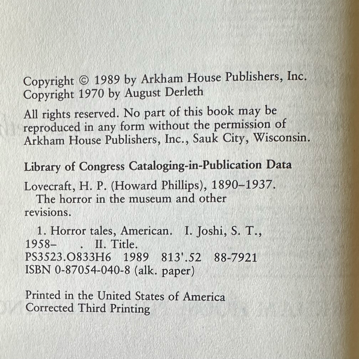 Vintage Horror Hardback: H P Lovecraft - The Horror at the Museum THIRD PRINTING