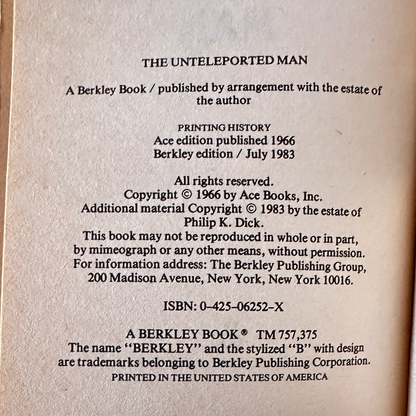 Vintage Sci-Fi Paperback: Philip K Dick - The Unteleported Man