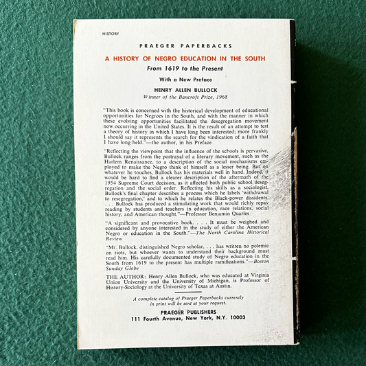 Vintage Non-Fiction Paperback: Henry Allen Bullock - A History of Negro Education in the South