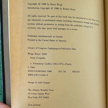 Vintage Poetry Hardback: Bruce Weigl - Song of Napalm FIRST PRINTING