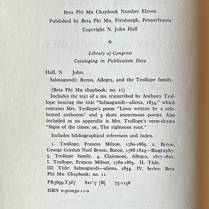 Vintage Poetry Hardback: N John Hall - Salmagundi: Byron, Allegra and the Trollope Family SIGNED FIRST EDITION
