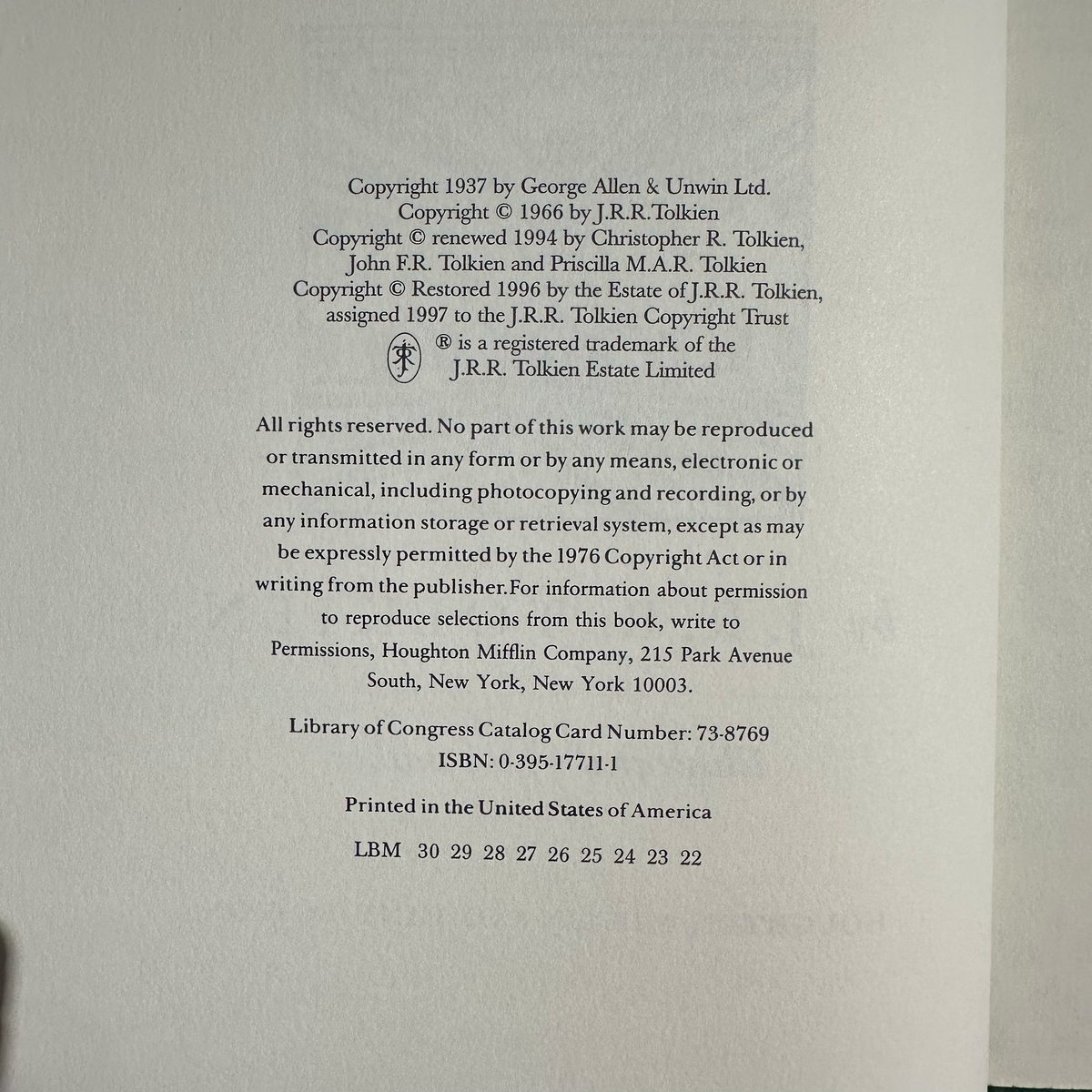 Vintage Fantasy Hardback: JRR Tolkien - The Hobbit, 22nd Printing