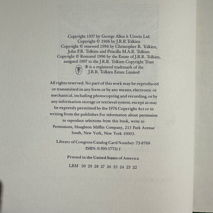 Vintage Fantasy Hardback: JRR Tolkien - The Hobbit, 22nd Printing