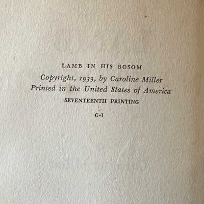 Vintage Fiction Hardback: Caroline Miller - Lamb in his Bosom 1933