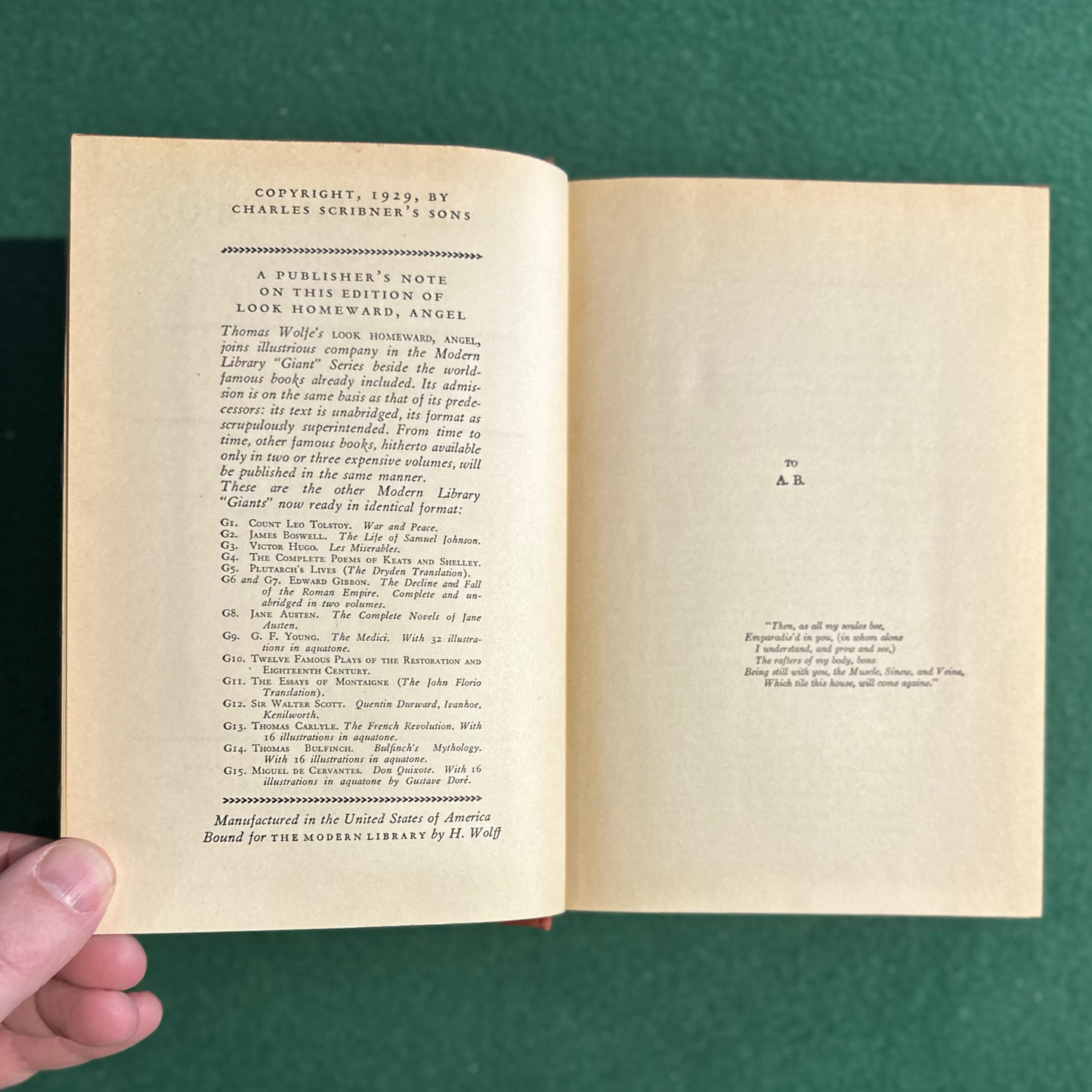 Vintage Fiction Hardback: Thomas Wolfe - Look Homeward, Angel MODERN LIBRARY FIRST EDITION