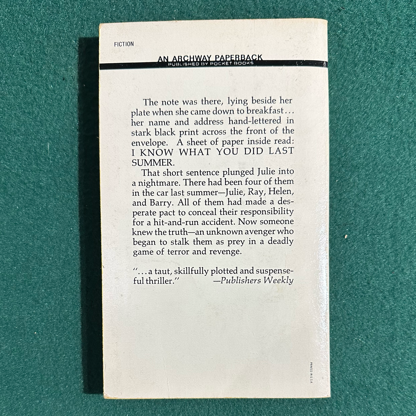 Vintage Horror Paperback: Lois Duncan - I Know What You Did Last Summer FOURTH PRINTING