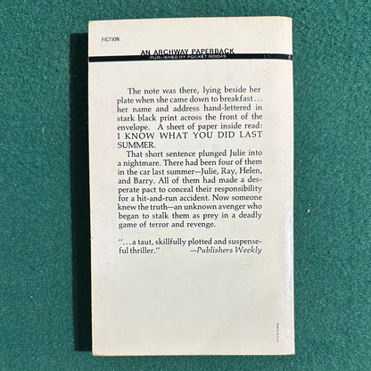 Vintage Horror Paperback: Lois Duncan - I Know What You Did Last Summer FOURTH PRINTING