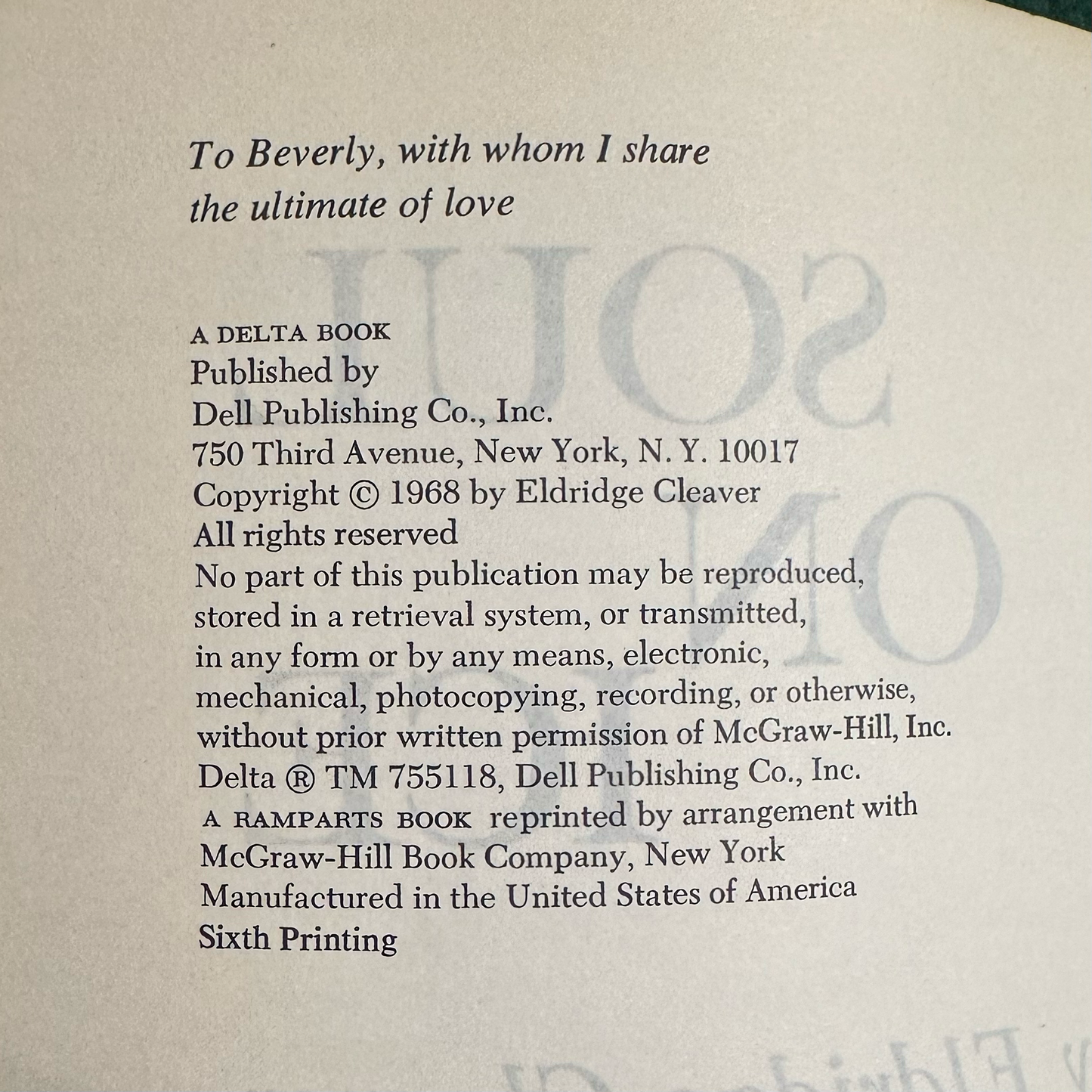 Vintage Non-Fiction Paperback: Eldridge Cleaver - Soul on Ice 6TH PRINTING