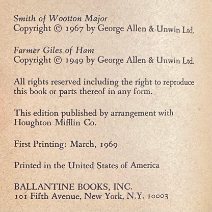 Vintage Fantasy Paperback: JRR Tolkien - Smith of Wootton Major and Farmer Giles of Ham FIRST PRINTING