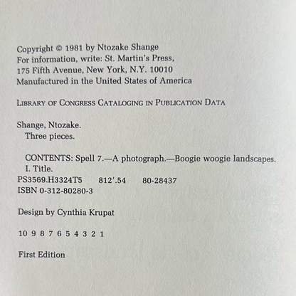 Vintage Poetry Hardback: Ntozake Shange - Three Pieces FIRST EDITION