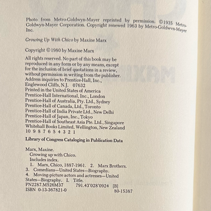 Vintage Non-Fiction Hardback: Maxine Marx - Growing Up With Chico FIRST EDITION