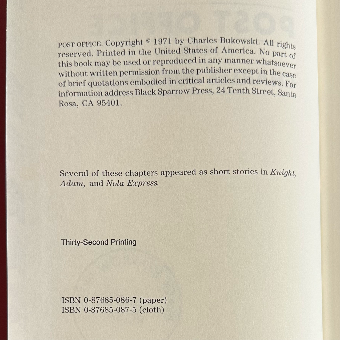 Vintage Fiction Hardback: Charles Bukowski - Post Office, Thirty-Second Printing