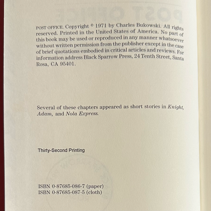 Vintage Fiction Hardback: Charles Bukowski - Post Office, Thirty-Second Printing